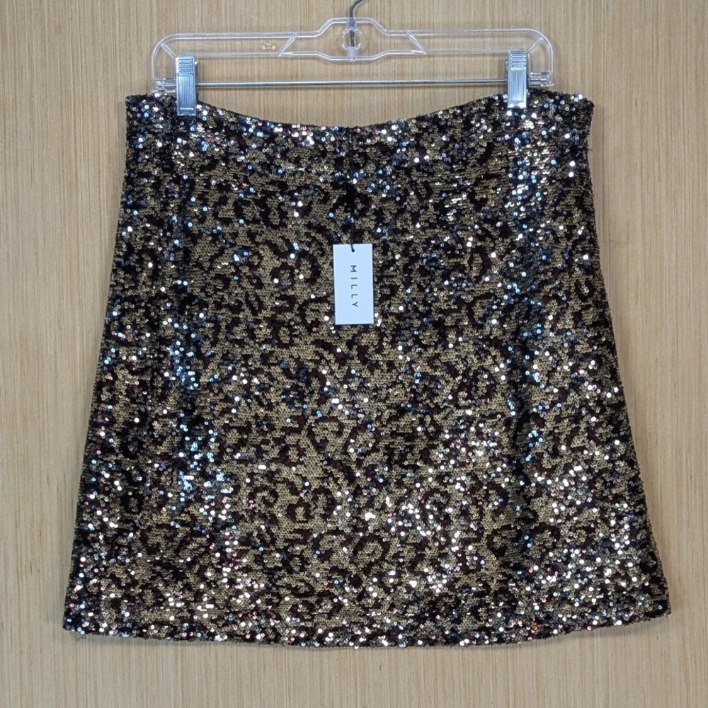 Milly Womens Party Gold Black Sequin Leopard Animal Print Mini Skirt Size 12 NWT